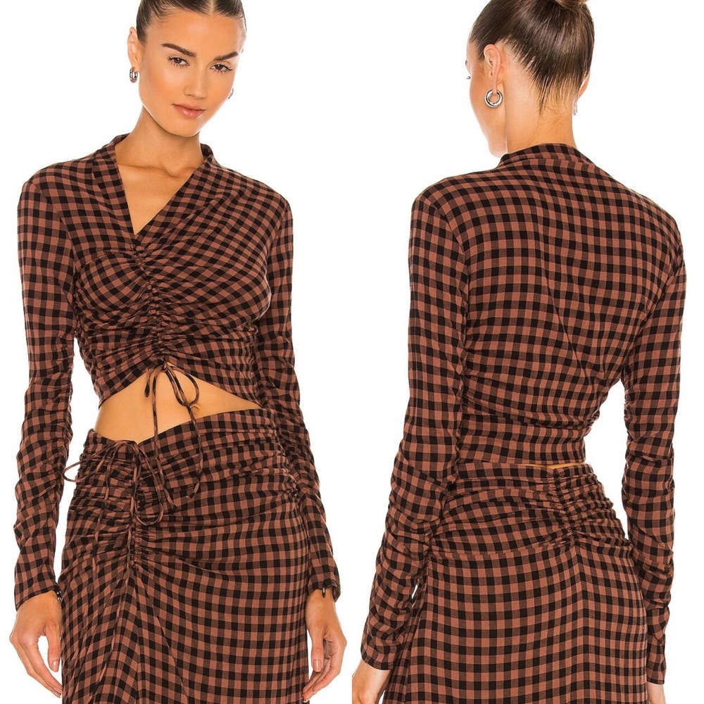 ALC Oryn Black Brandy Brown Top Womens Sz 4 Ruched Long Sleeve Plaid Check Boho